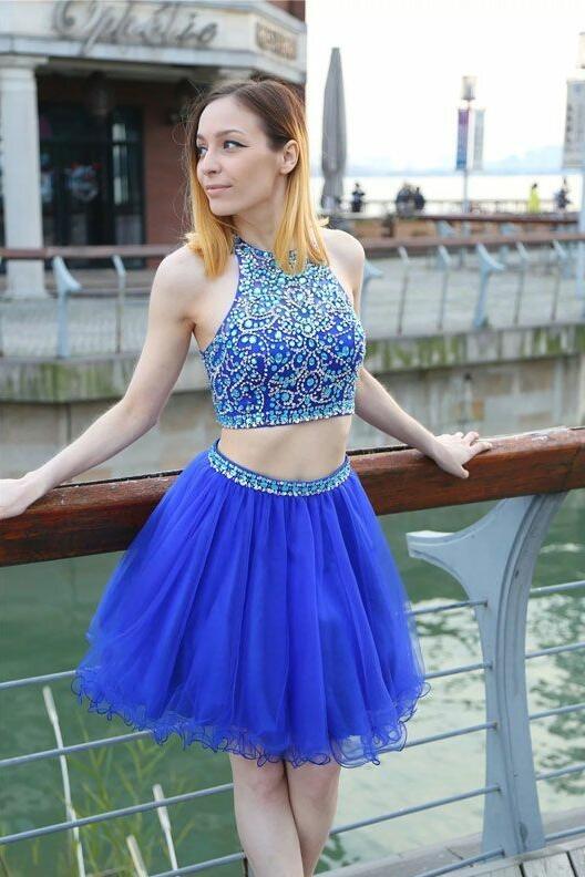 Two Pieces Royal Blue Short Prom Dress ...